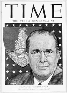 Ezra Taft Benson on the cover of Time Magazine. Subsequent church publications have incorrectly asserted Benson was Time's "Man of the Year"